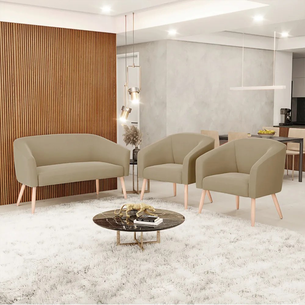 Namoradeira e 2 Poltronas Pé Palito Natural Stella Suede Marrom Rato D03 - D'Rossi
