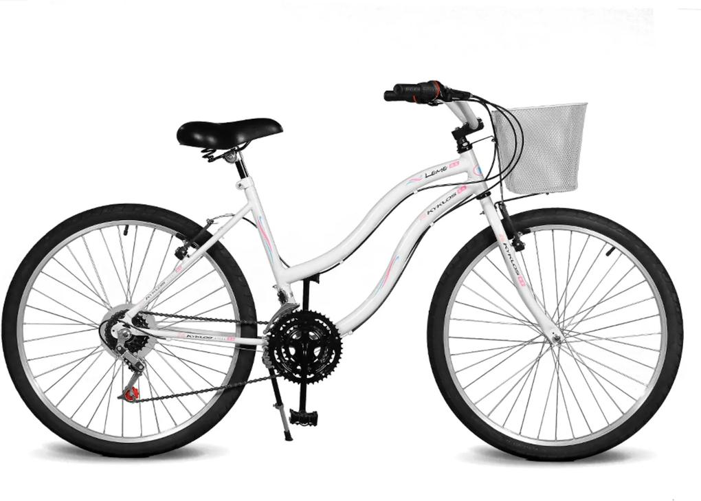 Bicicleta Kyklos Aro 26 Leme 6.5 Freio Manual com Cesta 21V Branco