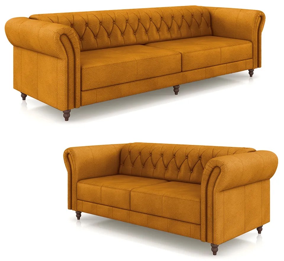 Conjunto de Sofá Sala de Estar Stanford Chesterfield 2 e 3 Lugares 200cm/260cm Pés Madeira Couro Mel G58 - Gran Belo