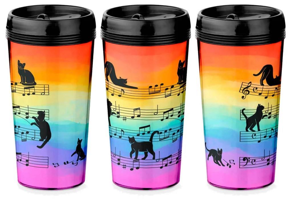 Copo Viagem 520ml Colorido Arco Iris Gato Musical