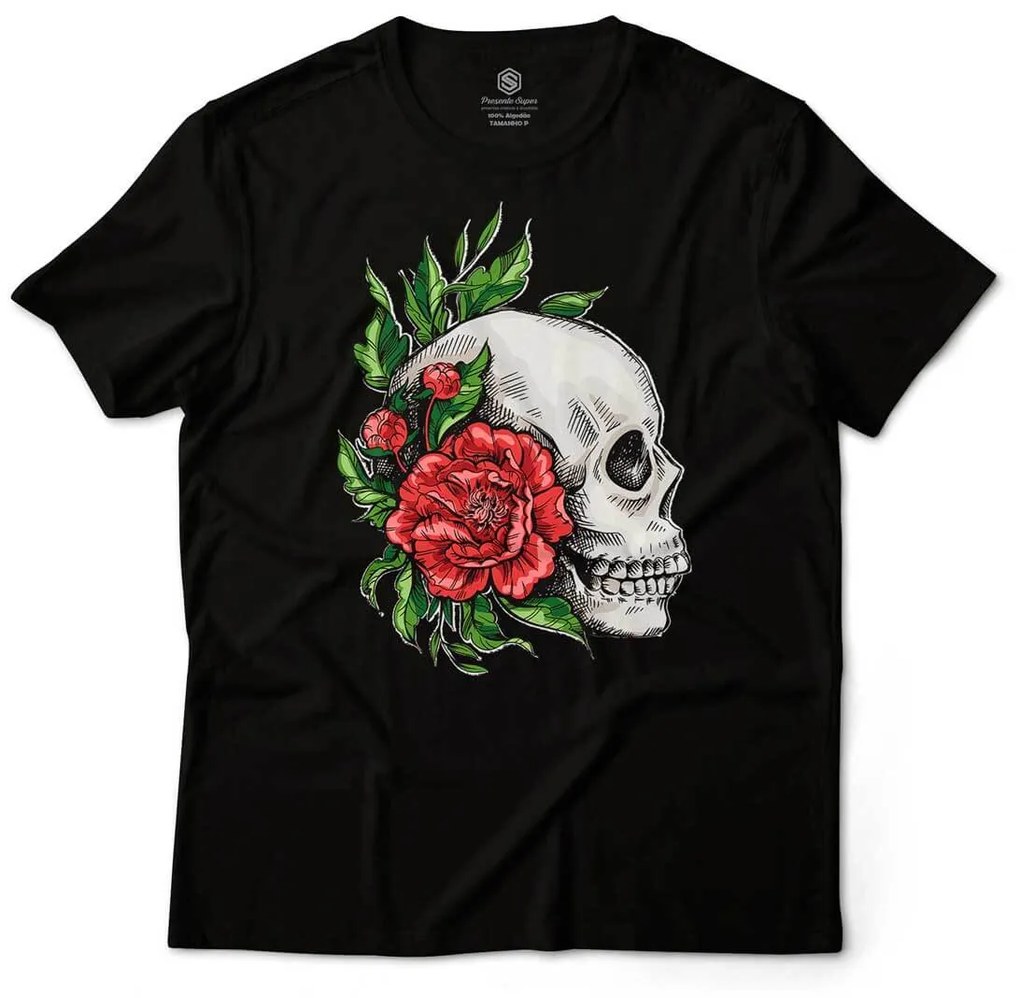 Camiseta Unissex Caveira e Rosas Vermelhas - Preto - XGG