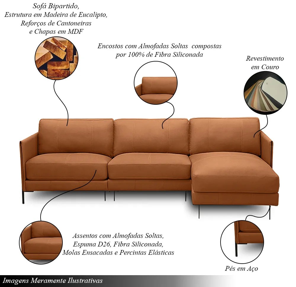 Sofá Decorativo Karine 6 Lugares Sala de estar 360cm com Chaise Pés em Aço Couro Conhaque G88 - Gran Belo