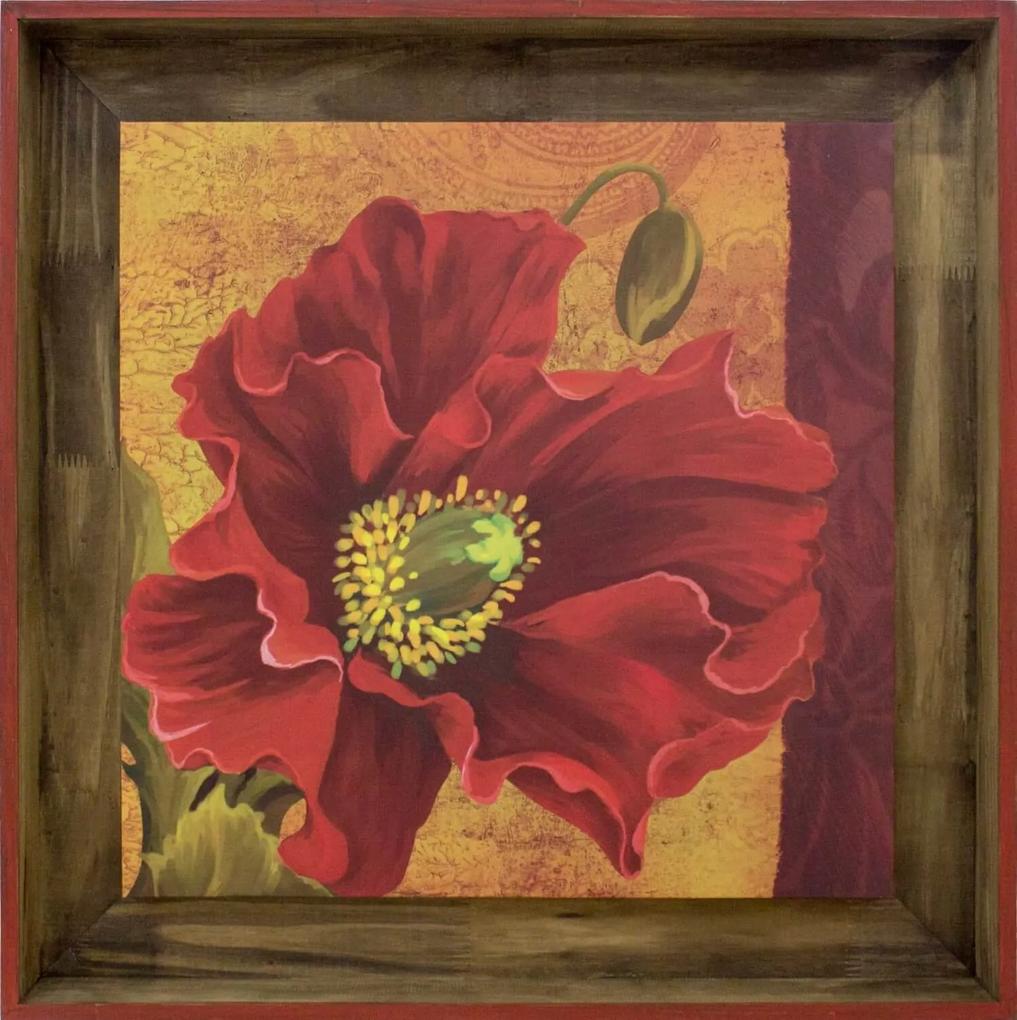 Quadro Tela Decorativa Com Moldura Flor Papoula Vermelha 78x78cm