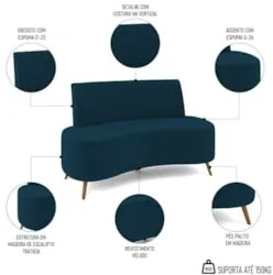 Sofá 2 Lugares para Sala Living 160cm Pés Palito Tamar Z08 Veludo Azul