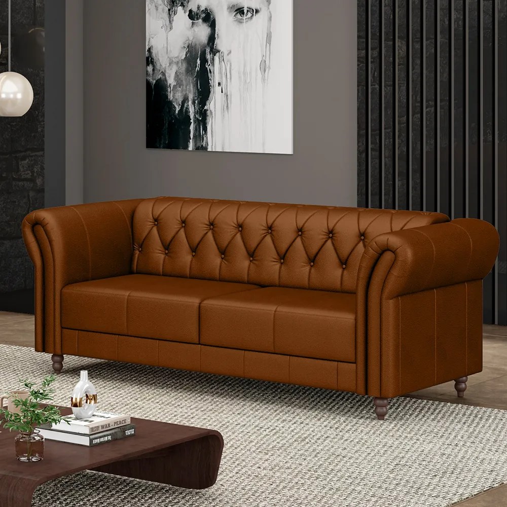 Sofá Living Sala de Estar Stanford Chesterfield 2 Lugares 200cm Pés de Madeira Couro Caramelo G58 - Gran Belo