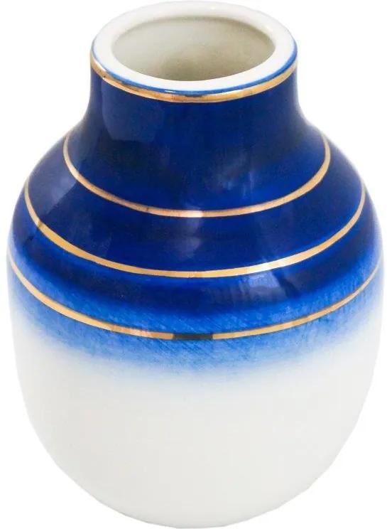 Vaso Decorativo Branco com Detalhes em Azul e Dourado - 16x11x11cm