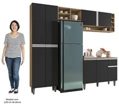 Cozinha Modulada 230cm 4 Peças Balcão e Aéreo Vanessa Amêndoa/Preto -