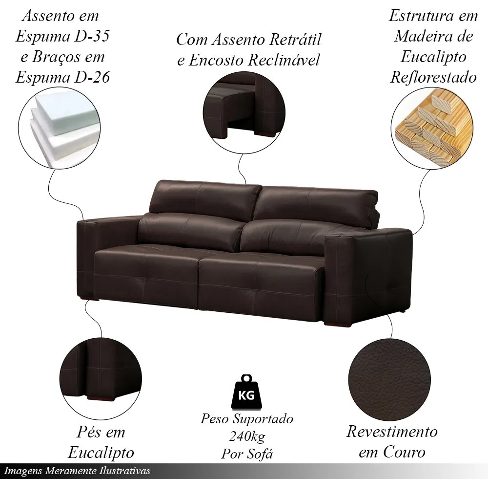 Sofá Decorativo Monica 3 Lugares Sala de estar 252cm Reclinável e Retrátil Couro Marrom Capuccino G40 - Gran Belo