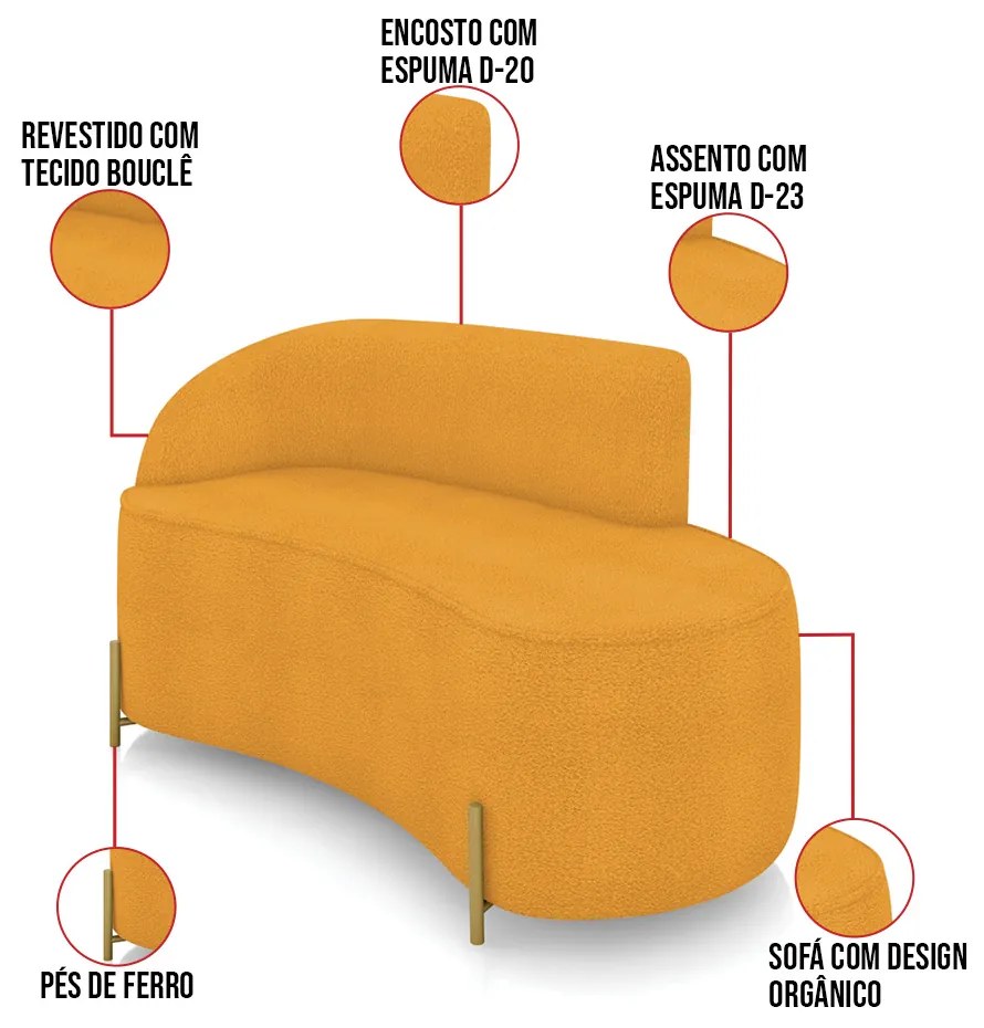 Sofá 2 Lugares Orgânico 140cm Pé Dourado Morgan Bouclê D03 - D'Rossi - Mostarda