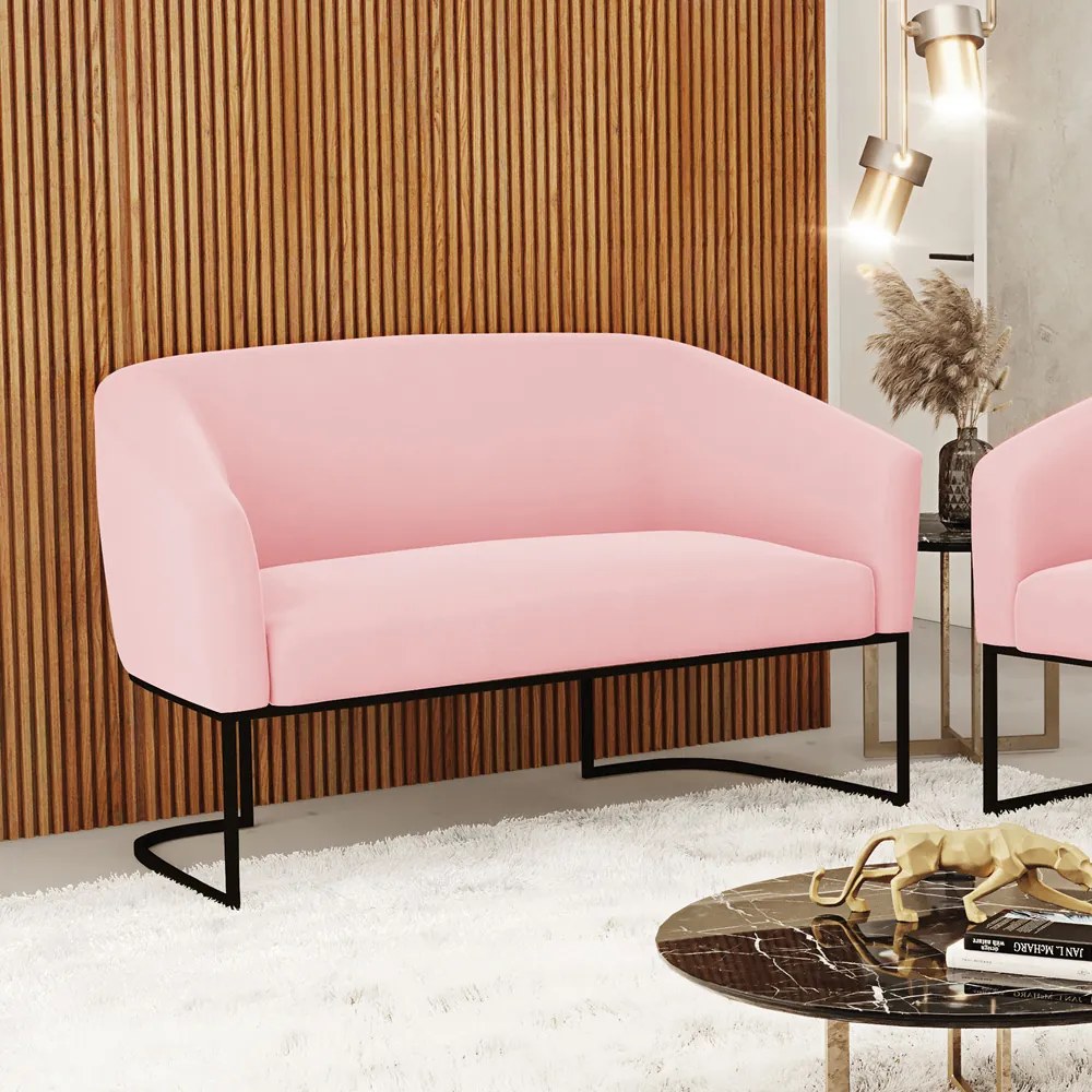 Sofá 2 Lugares Namoradeira Industrial Preto Stella Suede D03 - D'Rossi - Rosa Bebê
