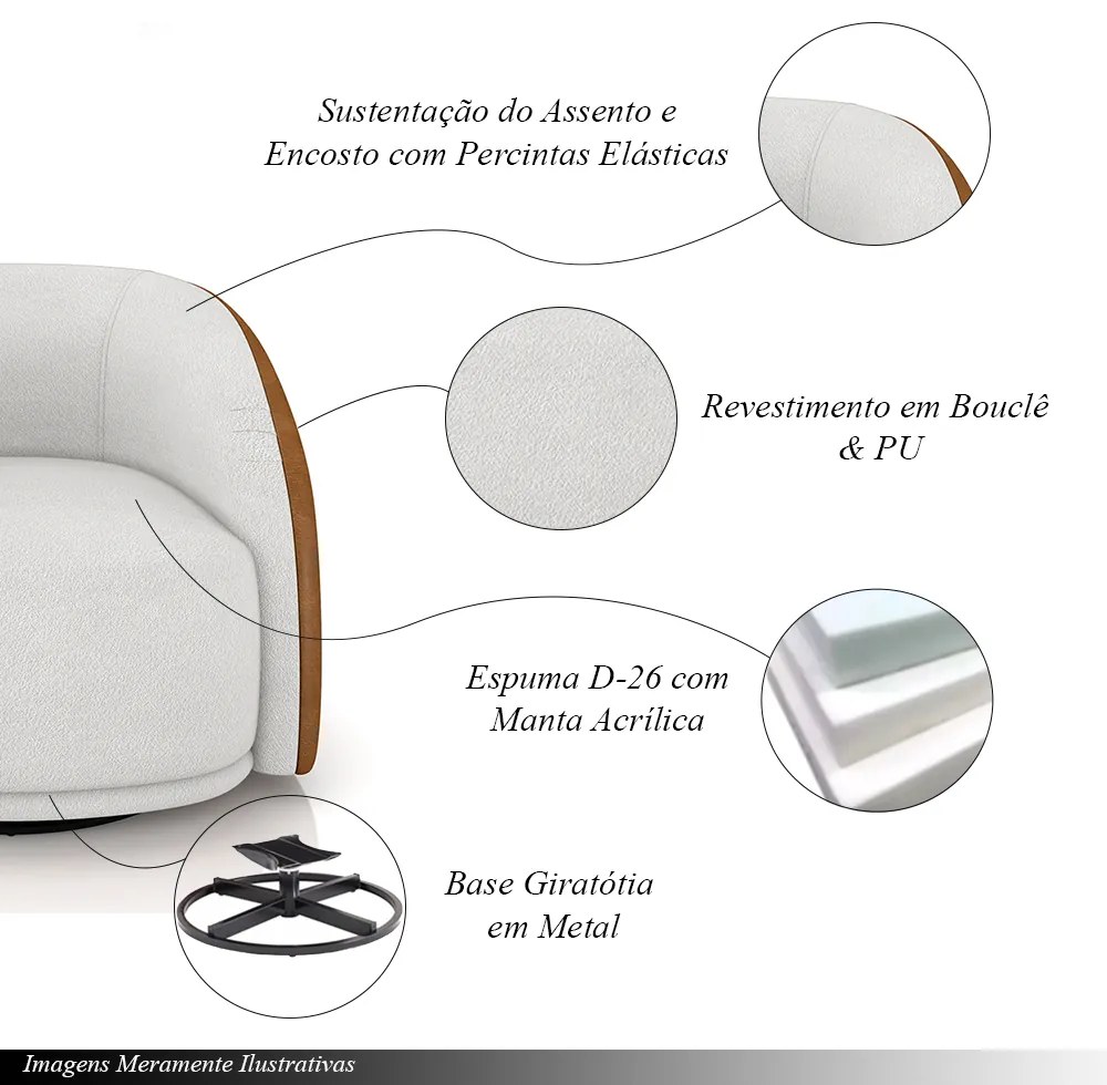 Kit 2 Poltronas Decorativas Jenny Base Giratória em Metal Preto Bouclê Branco/Caramelo G45 - Gran Belo