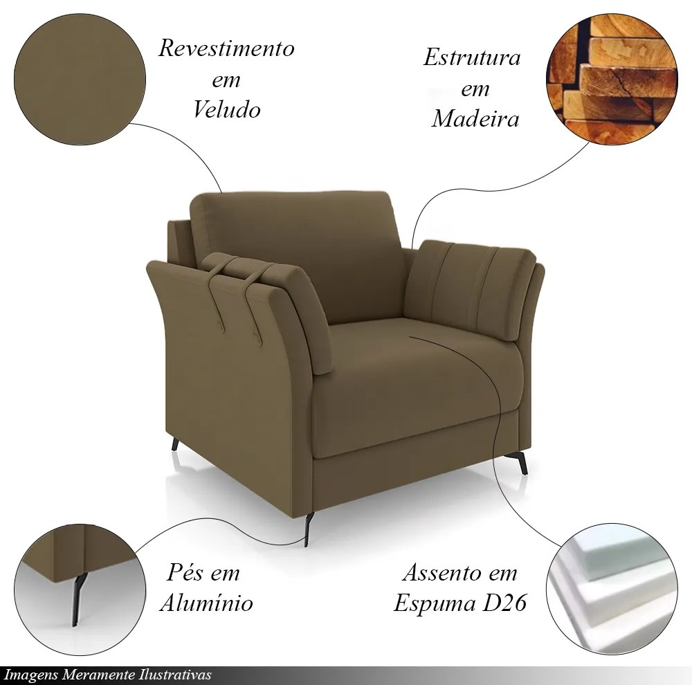 Kit 2 Poltronas Decorativas Violet Pés em Alumínio Preto Veludo Marrom G45 - Gran Belo