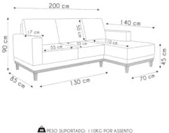 Sofá 3 Lugares 200cm Living Com Chaise Direito Kayrós D05 Sintético Wh