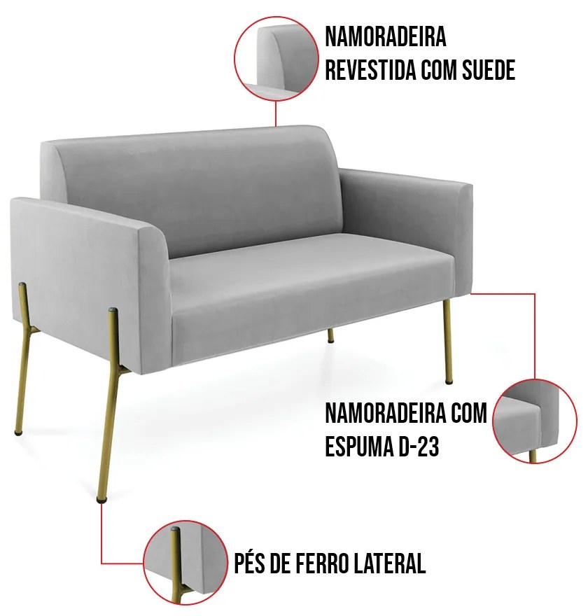 Sofá Namoradeira 2 Lugares Pé de Ferro Dourado Marisa Suede Cinza D03 - D'Rossi