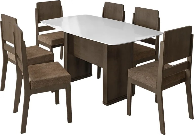 Mesa De Jantar Europa Com Vidro Branco E 6 Cadeiras Esmeralda Noce Com Pena Caramelo – RV Móveis