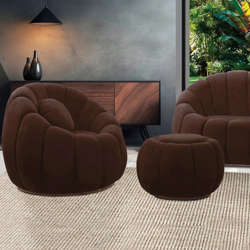 Poltrona Decorativa Orgânica Giratória com Puff Cloud Bouclê E03 - D'Rossi - Marrom