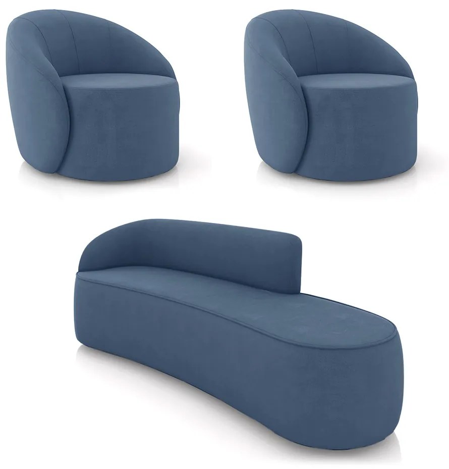 Sofá 4 Lugares Orgânico 220cm Morgan e 2 Poltronas Lua Suede Azul M D03 - D'Rossi