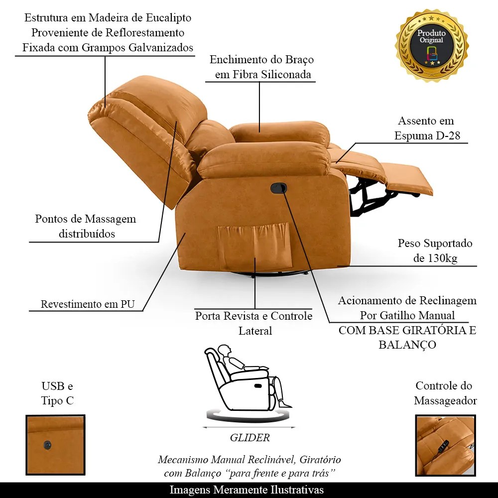 Poltrona do Papai Reclinável Sala de Cinema Madrid Glider Manual Giratória Massagem USB PU Whisky  G23 - Gran Belo