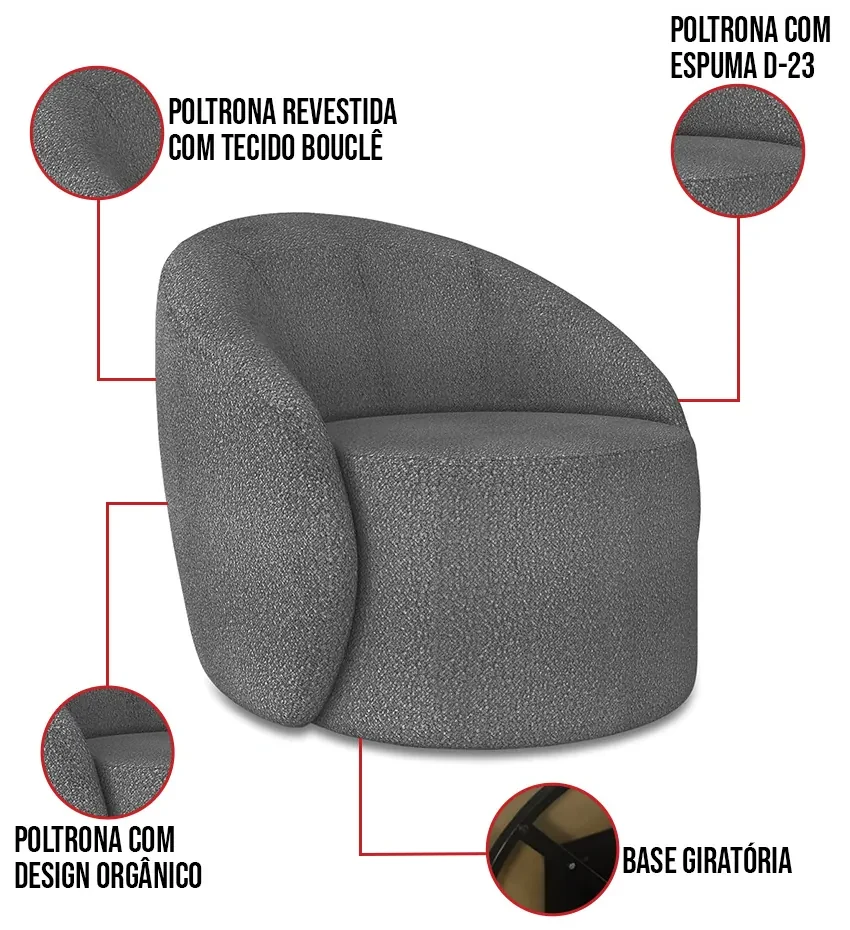Sofá 2 Lugares Orgânico 140cm Morgan e Poltrona Lua Bouclê Grafite D03 - D'Rossi
