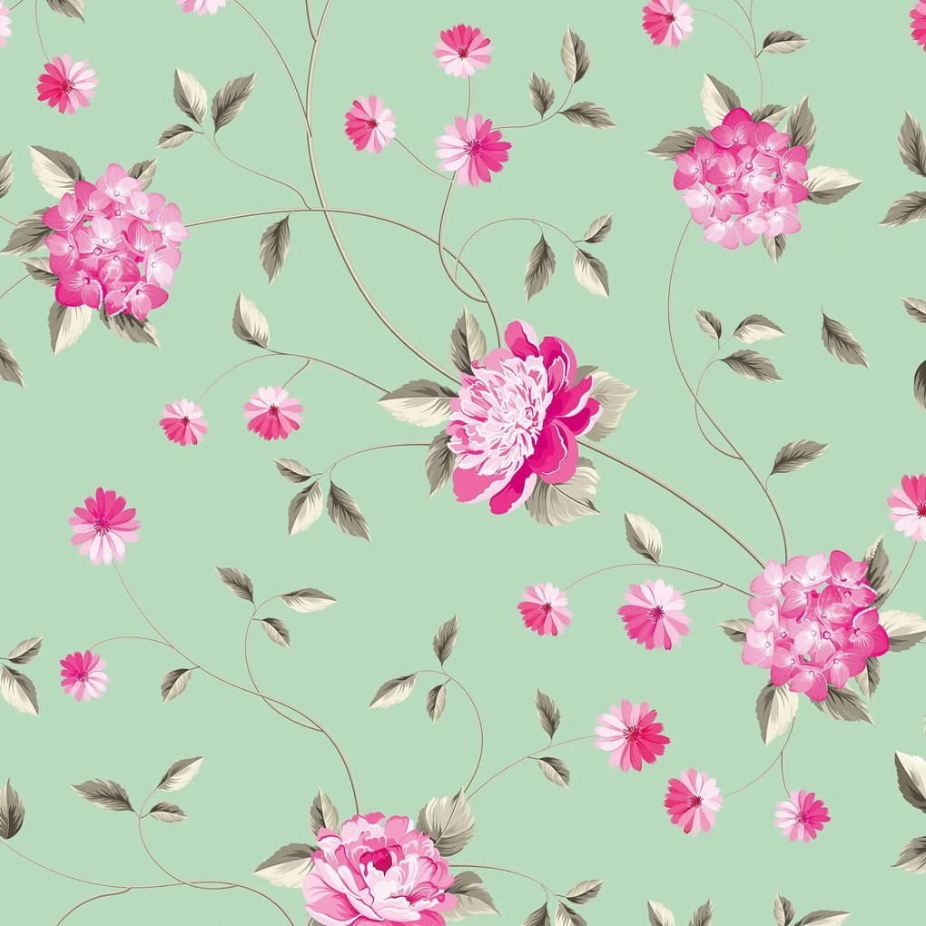 Papel de Parede Floral Verde e Rosa 0.52m x 3.00m