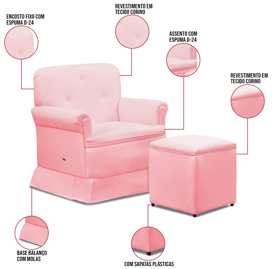 Poltrona de Amamentação Base Balanço e Puff Lígia Sintético Rosa Bebê E03 - D'Rossi