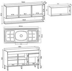 Armário de Cozinha 4 Peças Balcão com Pia 150cm Lina18 Z06 Vanilla/Fre