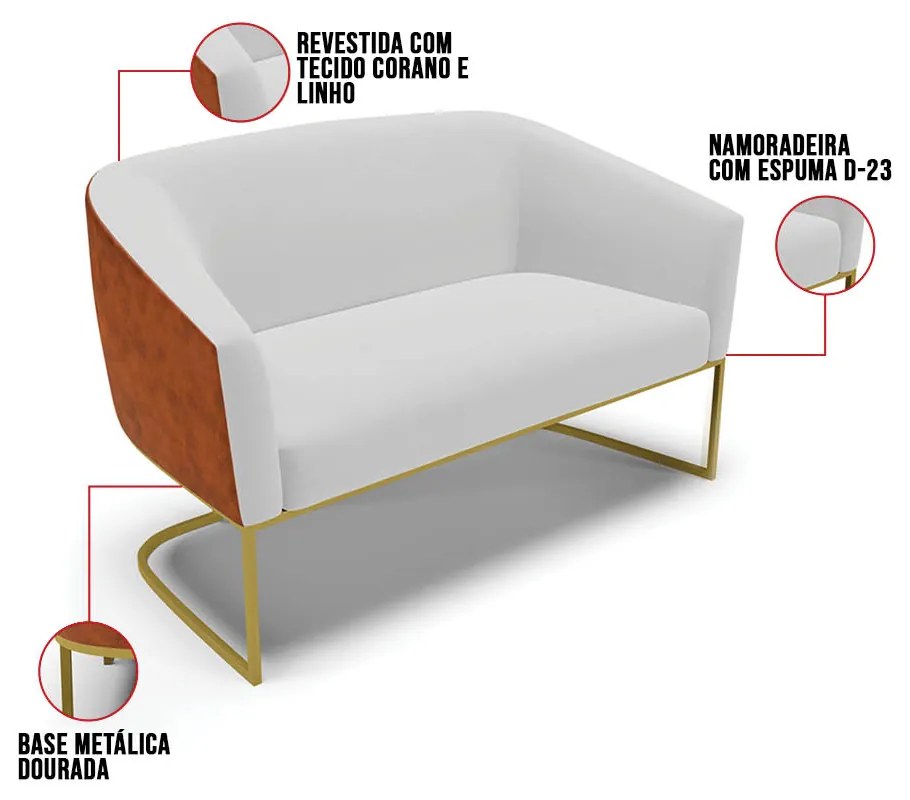 Namoradeira 2 Poltronas Industrial Dourado Stella Noz/Linho Cinza D03 - D'Rossi