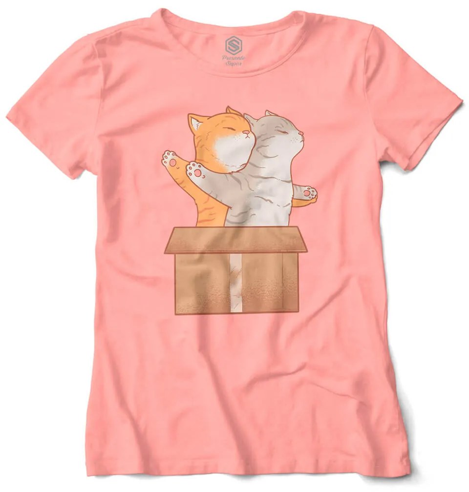 Camiseta Baby Look Gato Gatinhos Na Caixa Titanic - Salmão - P