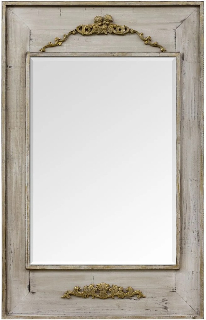 Espelho Decorativo Rústico Com Bisotê Moldura Branca Envelhecida Com Apliques Dourados