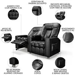 Poltrona Reclinável Para Cinema 2 Lugares Praddo FH9 PU Preto Brilho -