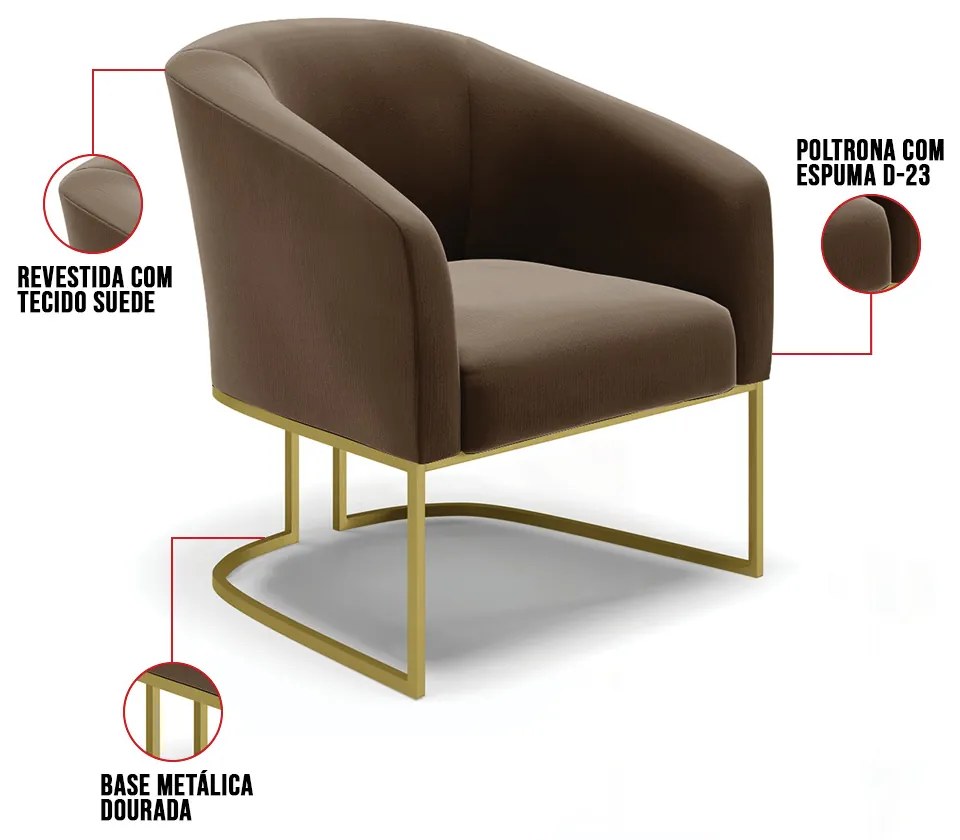 Cadeira Sala de Jantar Base Industrial Dourado Kit 2 Stella Suede D03 - D'Rossi - Marrom