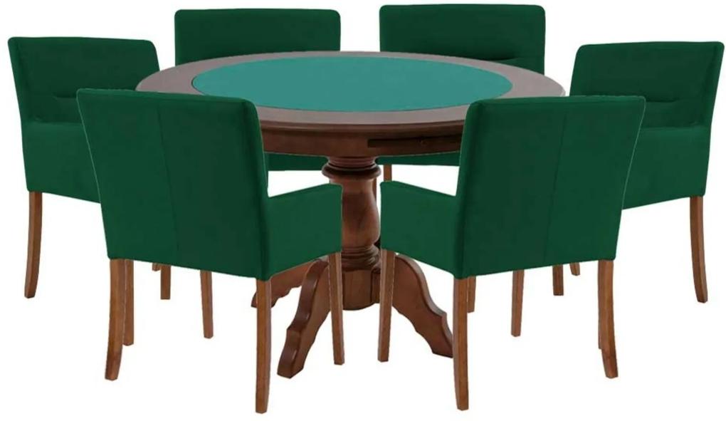 Mesa de Jogos Carteado Redonda Montreal Tampo Reversível Imbuia com 6 Cadeiras Vicenza Verde - Gran Belo
