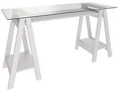 Mesa Escrivaninha 150cm Pés Cavalete Tampo de Vidro Cris A06 Branco -