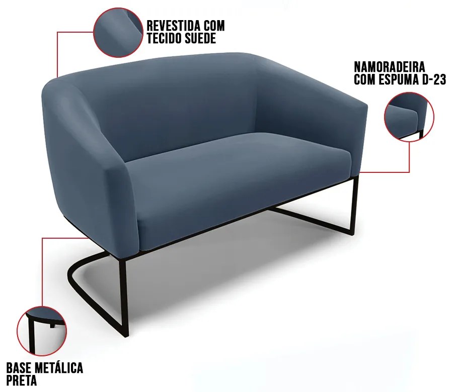 Sofá 2 Lugares Namoradeira Industrial Preto Stella Suede D03 - D'Rossi - Azul Marinho