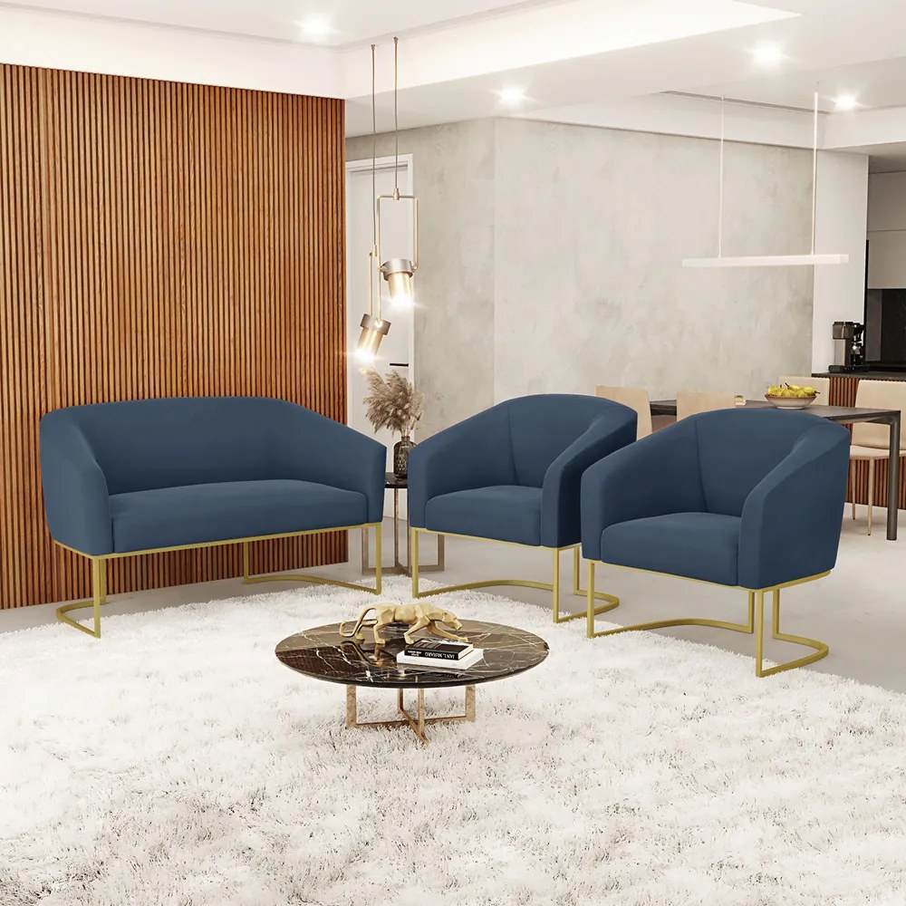 Namoradeira e 2 Poltronas Industrial Dourado Stella Suede Azul M  D03 - D'Rossi