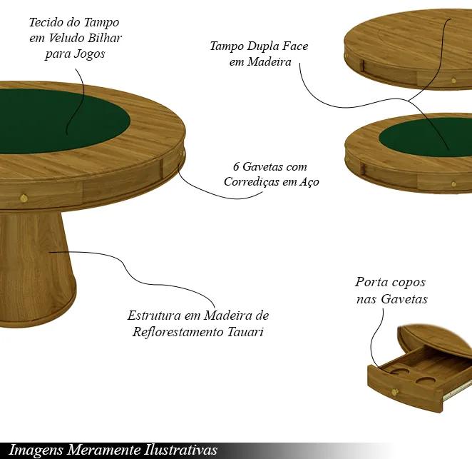 Conjunto Mesa de Jogos Carteado Bellagio Tampo Reversível e 6 Cadeiras Madeira Poker Base Cone Veludo Preto/Mel G42 - Gran Belo