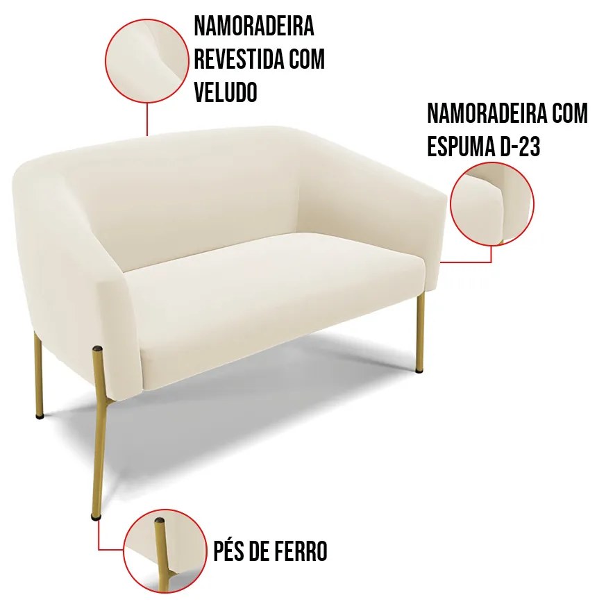 Sofá 2 Lugares Namoradeira Pé de Ferro Dourado Stella Veludo D03 - D'Rossi - Bege