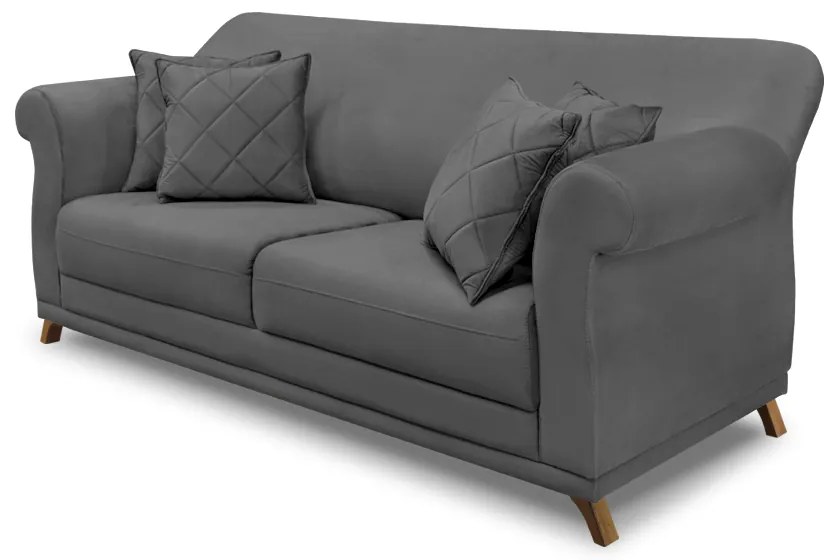 Sofá 3 Lugares Pé de Madeira Julieta 220 cm Suede Cinza S04 - D'Rossi