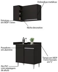 Balcão 1 Porta Denver e Armário Aéreo Austin de Canto Preto - Lumil