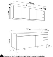 Armário de Cozinha Nevada e Balcão para Pia 180cm Dallas Cinza Claro -