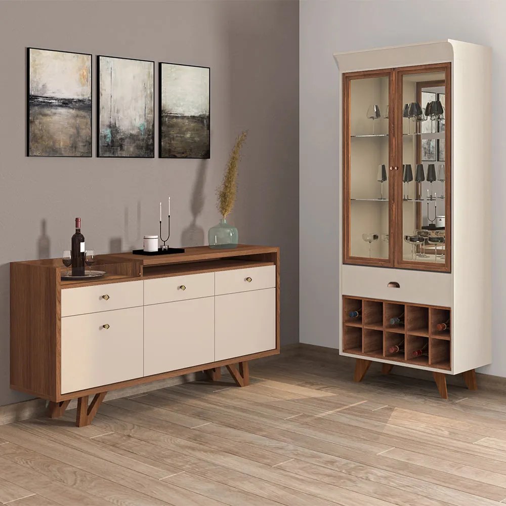 Conjunto Decorativo Cristaleira e Buffet Aparador Andorra/Noeli Nature/Off White G26 - Gran Belo