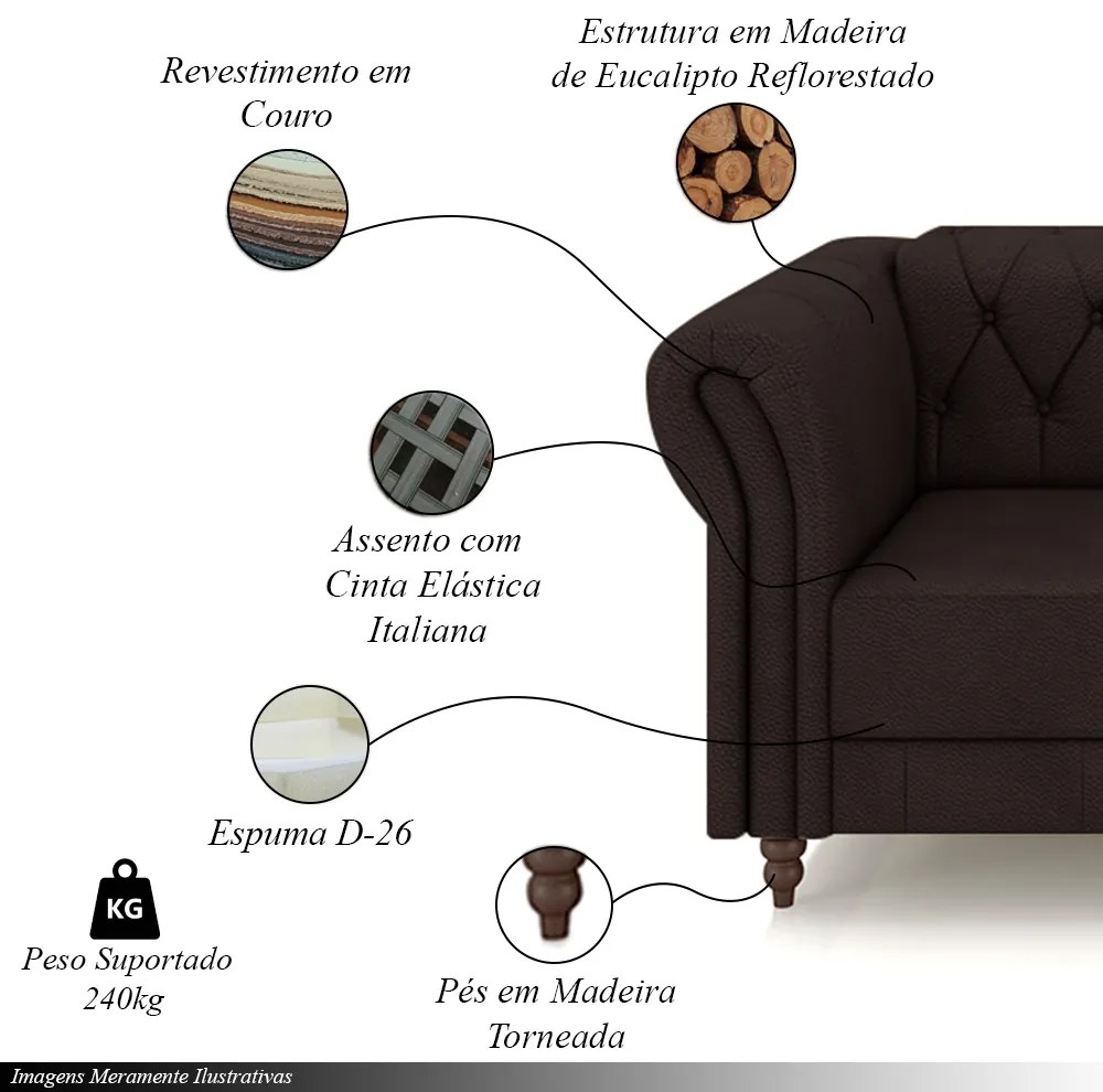 Sofá Living Sala de Estar Stanford Chesterfield 3 Lugares 260cm Pés de Madeira Couro Marrom G58 - Gran Belo