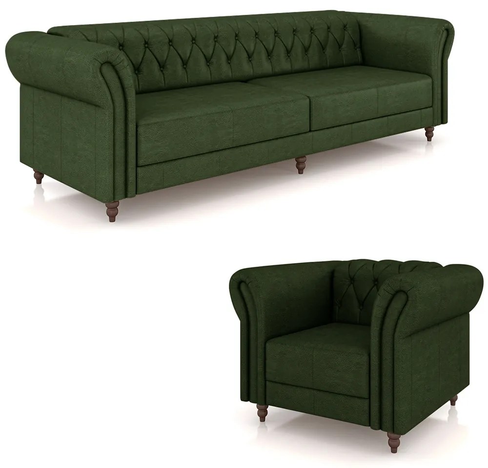 Conjunto Sala de Estar 1 Sofá Living 260cm e 1 Poltrona Stanford Chesterfield Pés Madeira Couro Verde Manchado G58 - Gran Belo