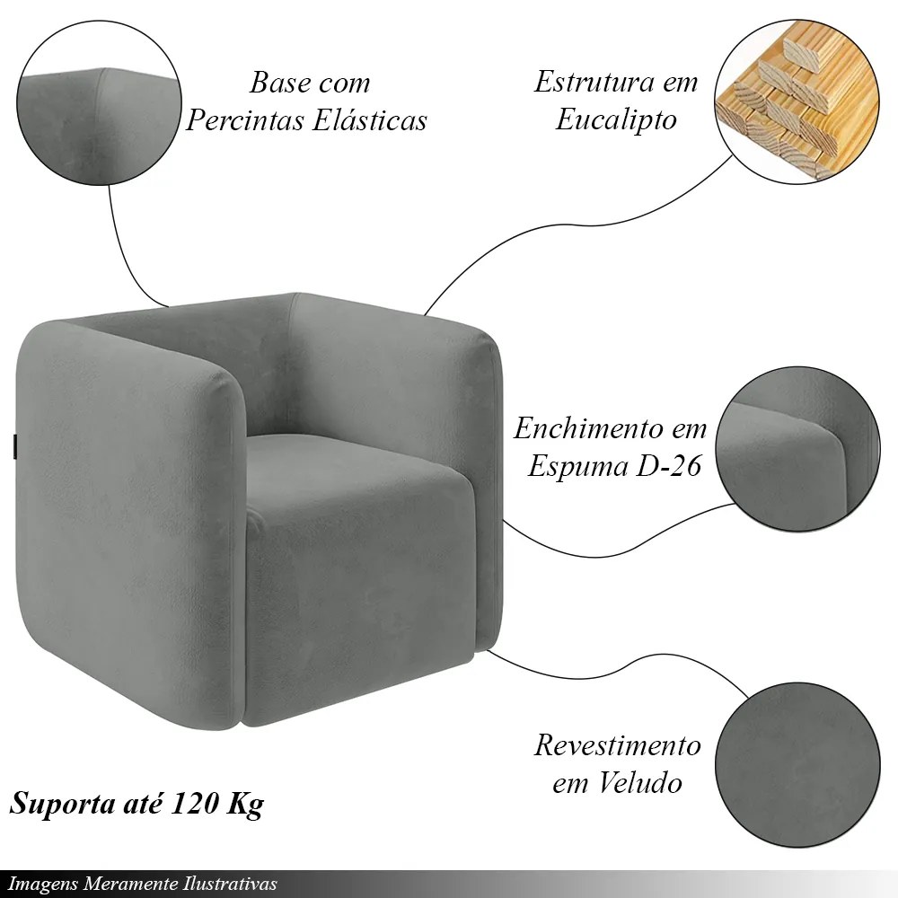 Kit 2 Poltronas Decorativas Sala de Estar Trinidad Base Fixa Veludo Cinza Claro G33 - Gran Belo