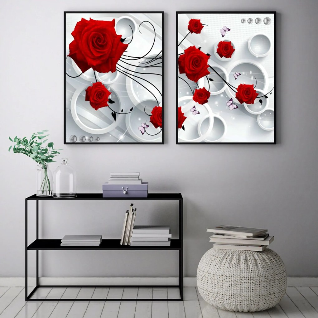 Quadro Oppen House    70x100cm Rosas Flores Vermelha Fundo Abstrato Decorativo Interiores Sala de Estar Quartos Moldura Preta Com Vidro