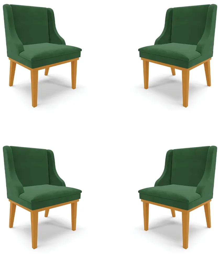 Kit 4 Cadeiras Decorativas Sala de Jantar Base Fixa de Madeira Firenze Veludo Verde Esmeralda/Castanho G19 - Gran Belo