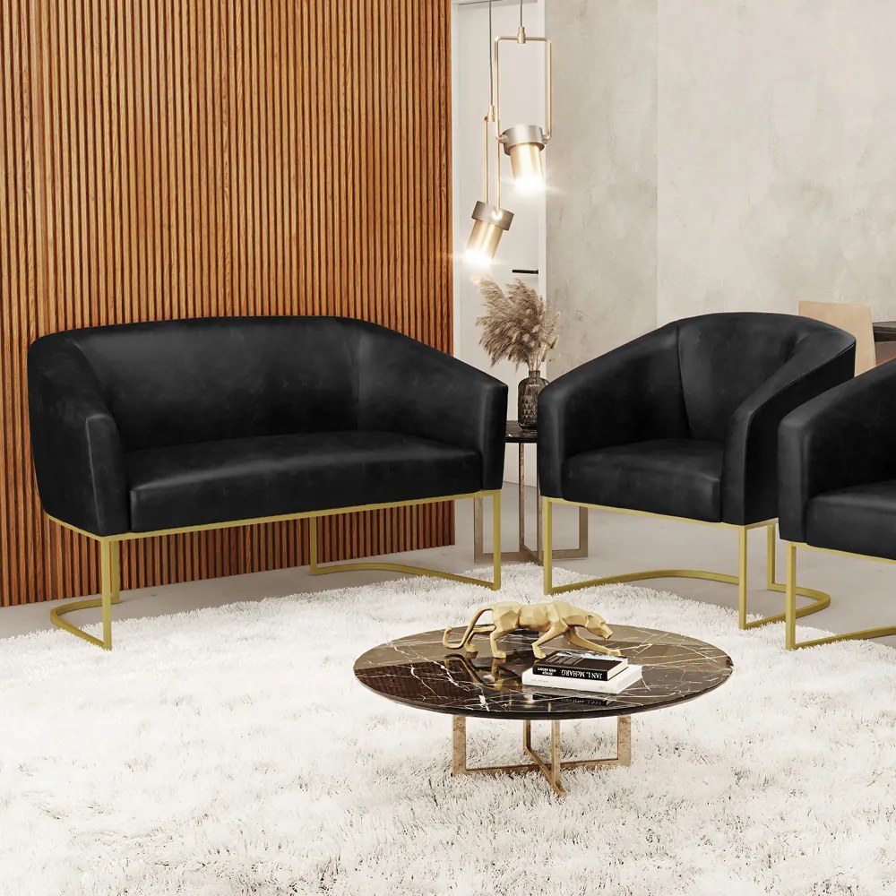 Sofá Namoradeira e Poltrona Base Industrial Dourado Stella Sintético PU D03 - D'Rossi - Preto