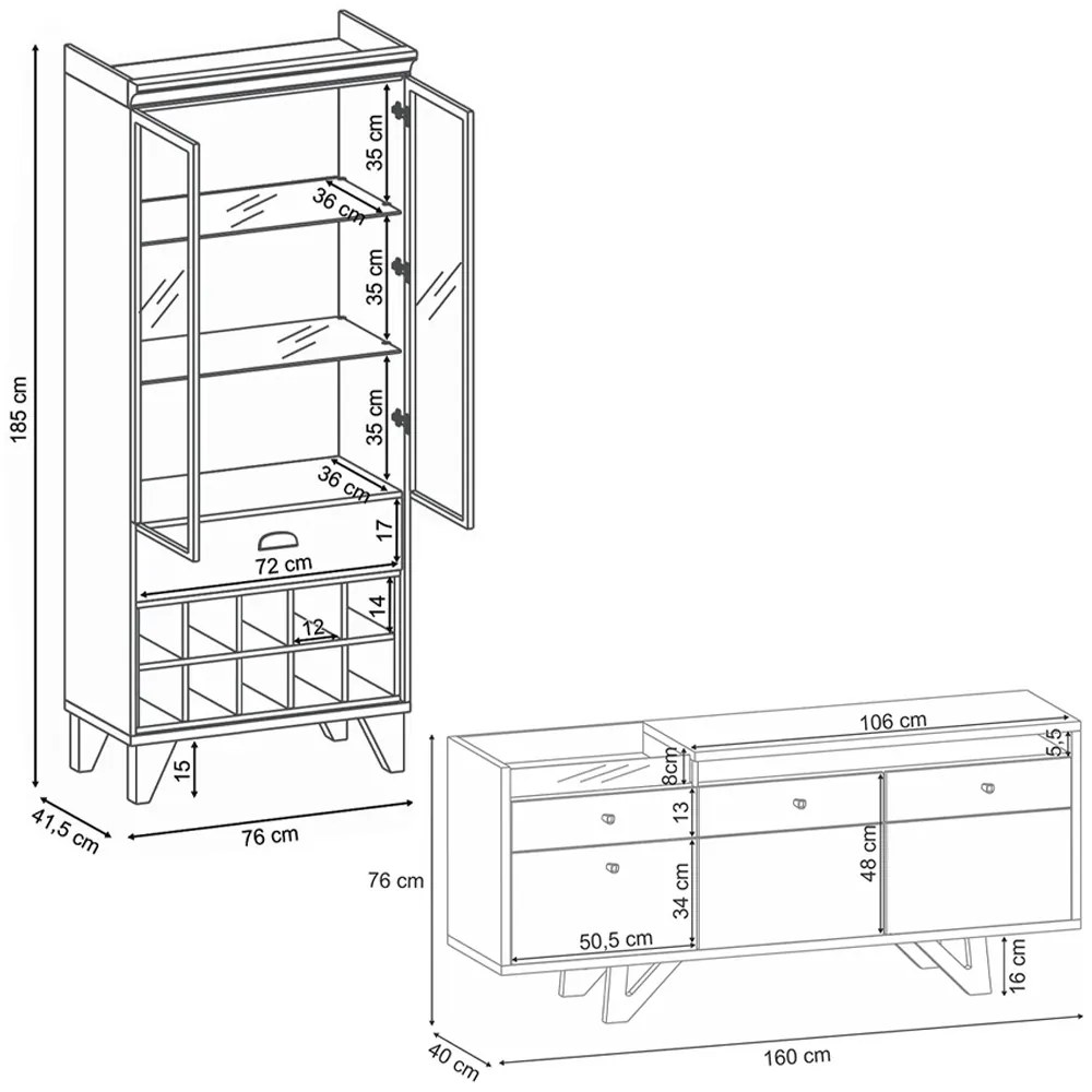 Conjunto Cristaleira e Buffet Aparador Decorativo Andorra/Noeli Nature/OffWhite G26 - Gran Belo