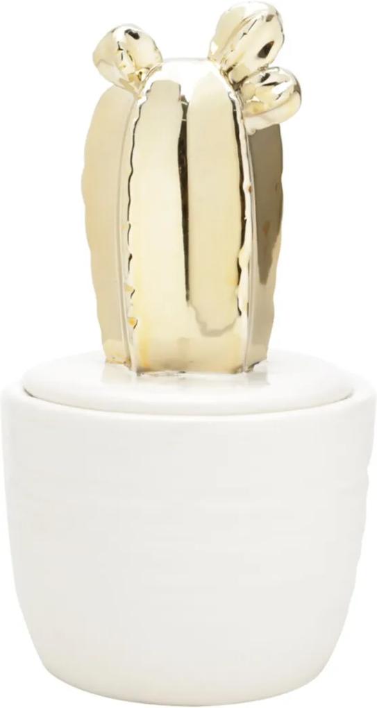 Potiche Decorativo De Cerâmica Branco Com Cactos Dourado 10X17,5Cm Lyor