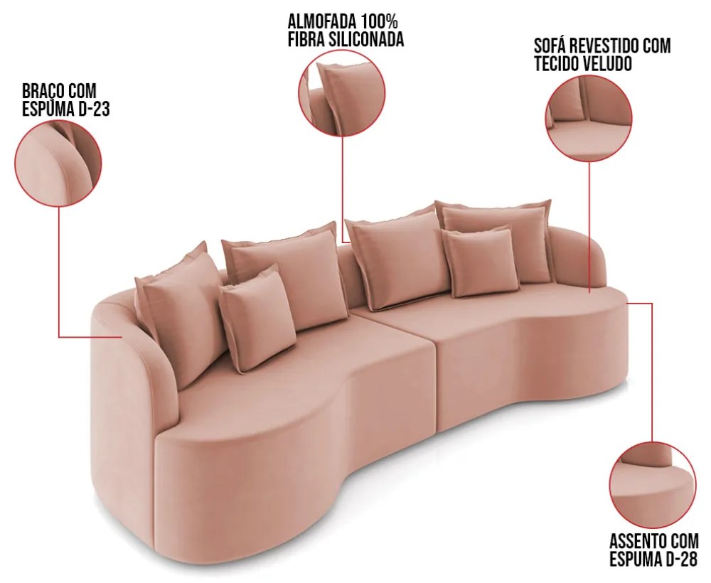 Sofá 5 Lugares Orgânico Living 290cm Mersa Veludo Rosê K01 - D'Rossi